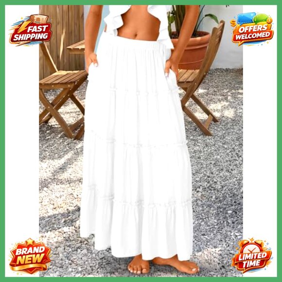 Boho Maxi Skirt Elastic High Waist A-Line Dress with Pockets Trendy Vacation - Picture 2 of 6